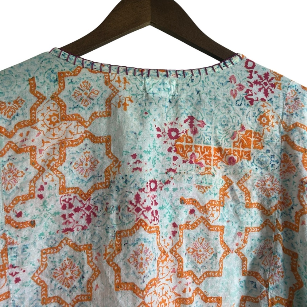 Sigrid Olsen Womens Boho‎ Coastal Peasant Top M Orange Geometric Cottage Artsy - Picture 4 of 8